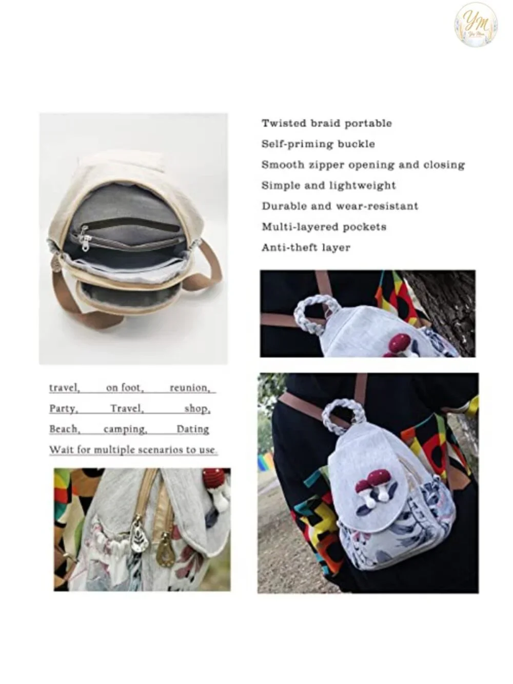 Retro Bohemian Washed Canvas Backpack with 3D Decoration, Multi-functional